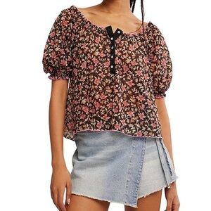 Free People Black and Pink Puff Sleeve Astra Blouse